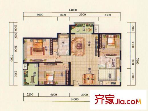 天泰华府D1户型 3室2厅2卫1厨