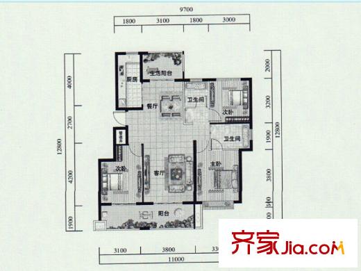 天泰华府C户型 3室2厅2卫1厨