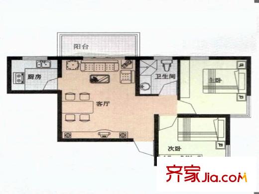 滨河新天地一期高层户型4 2室2厅1卫1厨