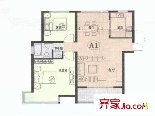 滨河新天地一期高层户型1 2室2厅1卫1厨