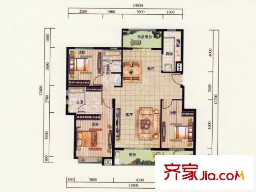 天泰华府A户型 3室2厅2卫1厨