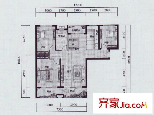 天泰华府F3户型 3室2厅1卫1厨