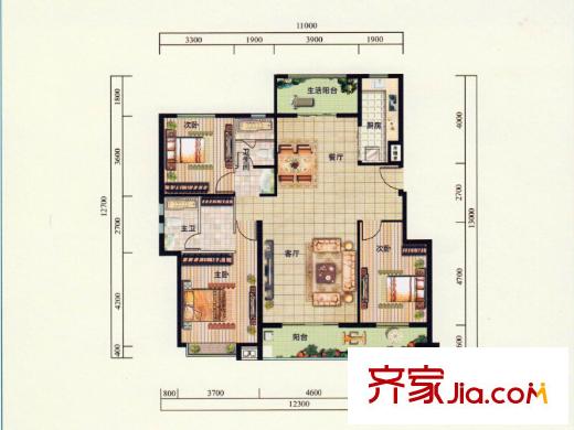 天泰华府A户型 3室2厅2卫1厨