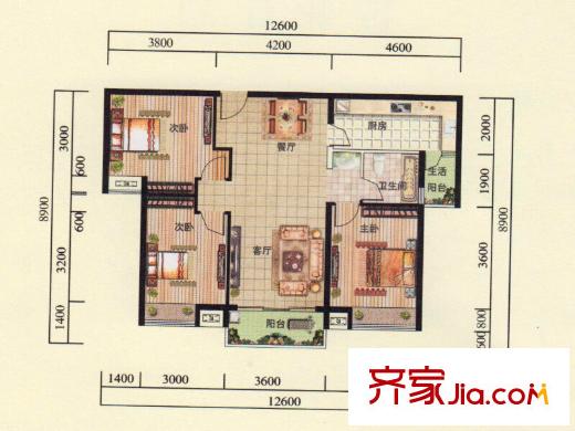 天泰华府E2户型 3室2厅1卫1厨