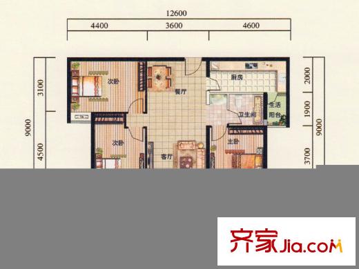 天泰华府D2户型 3室2厅1卫1厨