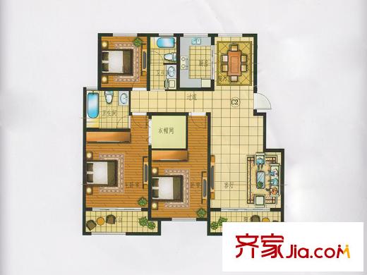爱琴海一期高层C2户型 3室2厅2卫1厨