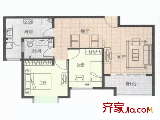 滨河新天地一期高层A户型 2室2厅1卫1厨