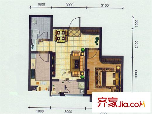 滨河新天地一期高层B15户型 1室1厅1卫1厨