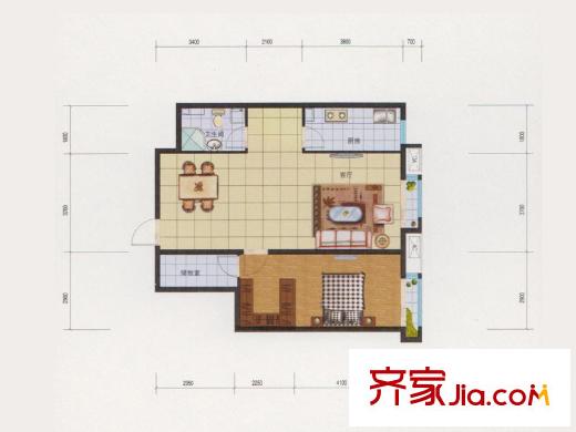 欧韵峰尚一期高层C6户型 1室2厅1卫1厨