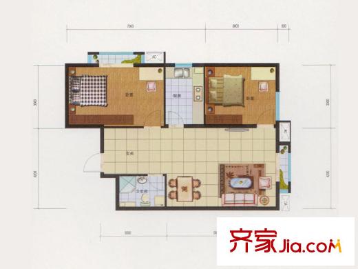 欧韵峰尚一期高层B6户型 2室2厅1卫1厨