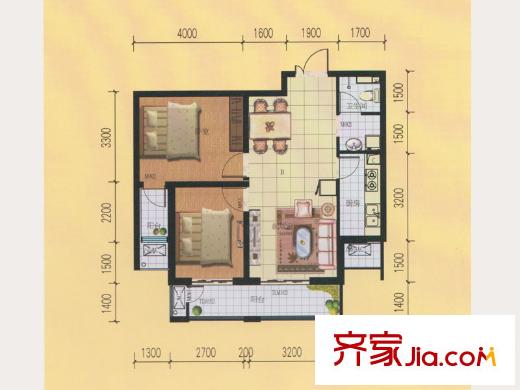 欧韵峰尚一期高层B5户型 2室2厅1卫1厨