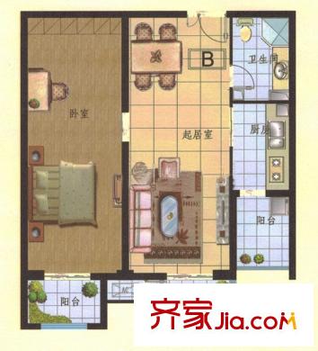 欧韵峰尚一期高层B户型 2室2厅1卫1厨