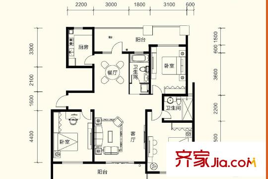 金泰舒格平方米小高层复式中间户B6户型 3室2厅2卫1厨