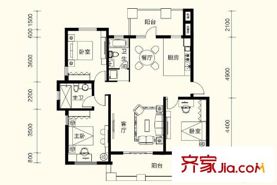 金泰舒格平方米小高层标准层边户B1户型 3室2厅2卫1厨