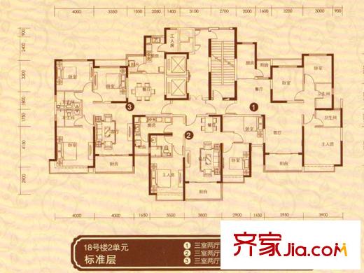 恒大绿洲一期18号楼二单元平面图 3室2厅1卫1厨