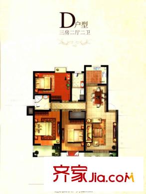 浙景国际玫瑰园二期D户型 3室2厅2卫1厨