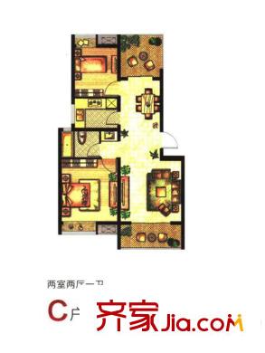 理想家一期洋房C户型 2室2厅1卫1厨
