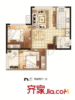 理想家二期高层D户型 2室2厅1卫1厨