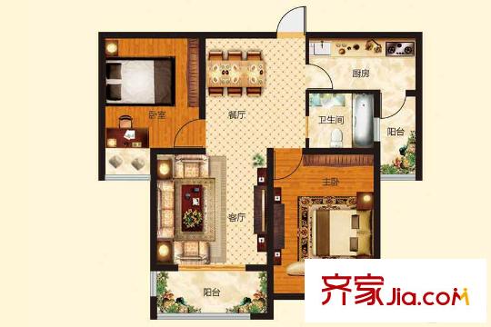 金信融城二期高层20#21#23#24#25#26#I户型 2室2厅1卫1厨