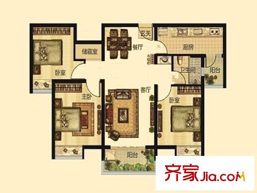 金信融城二期11#15#16#17#楼F户型 3室2厅1卫1厨