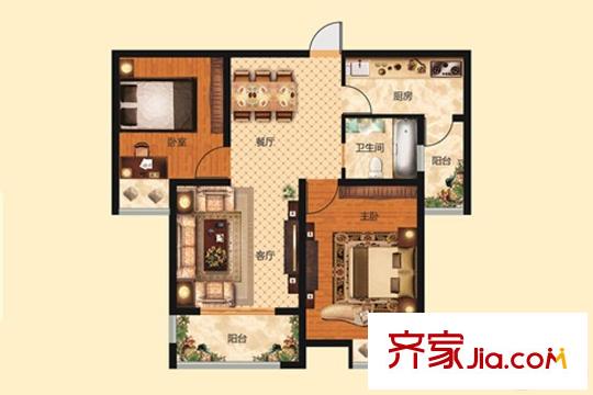 金信融城三期高层24#楼I户型 2室2厅1卫1厨