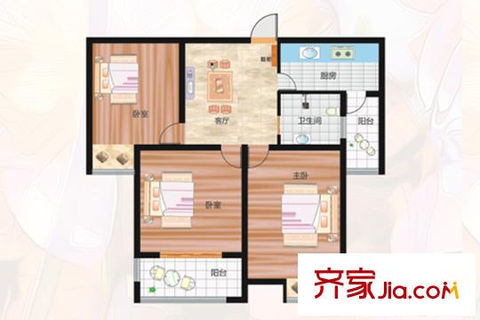 金信融城三期高层I'户型 3室1厅1卫1厨