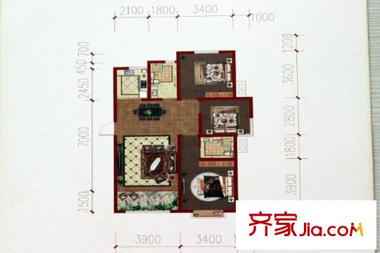 阜丰康桥郡洋房B1户型 3室2厅2卫1厨