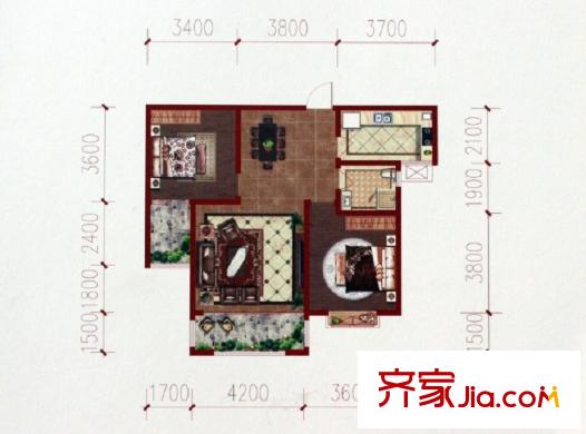 阜丰康桥郡高层E1户型 2室2厅1卫1厨