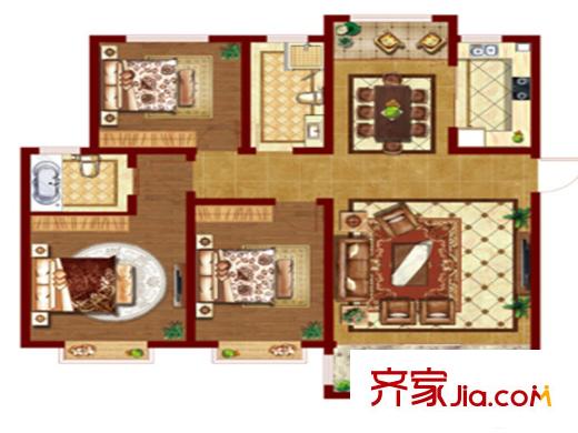 阜丰康桥郡洋房A户型 3室2厅2卫1厨