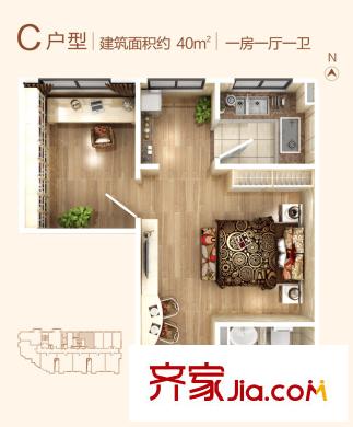 融侨城1号楼 C户型 1室1厅1卫1厨