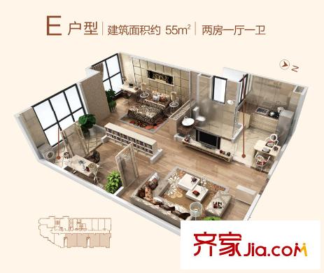 融侨城1号楼 E户型 2室1厅1卫1厨