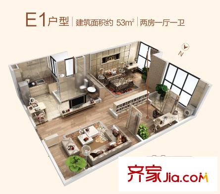 融侨城1号楼 E1户型 2室1厅1卫1厨