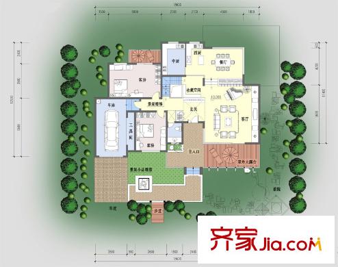 紫薇山庄c户型 坡地南入口平面图 2室2厅1卫2厨