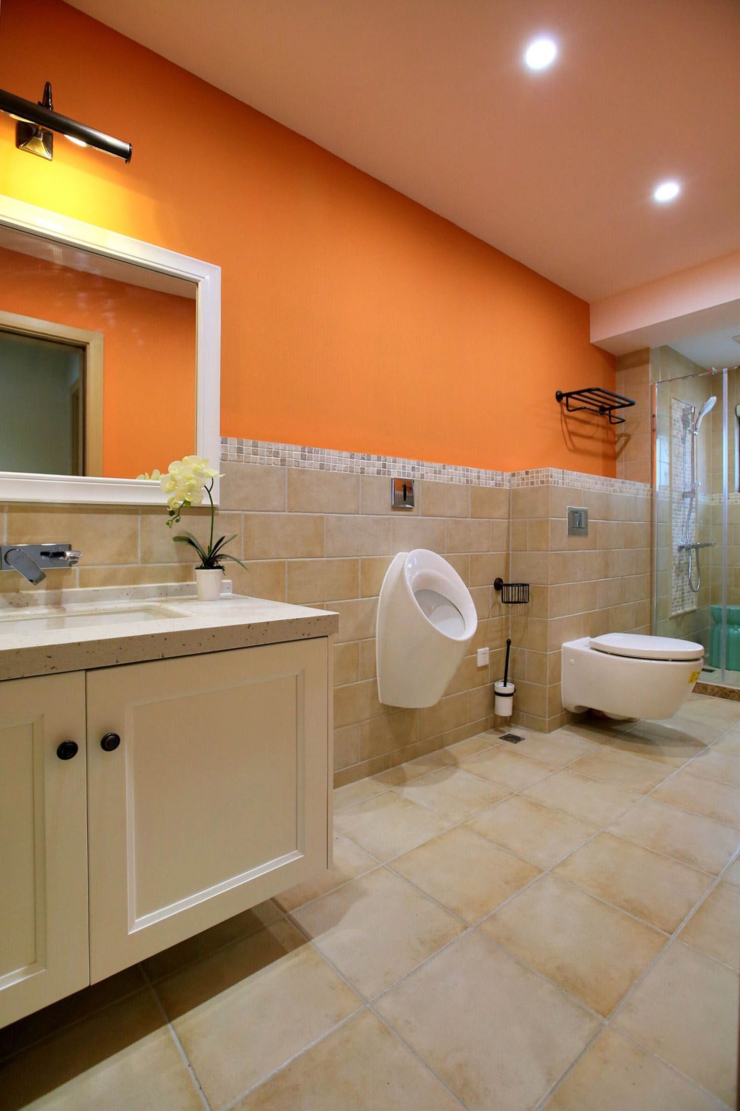 别墅装修,20万以上装修,140平米以上装修,复式装修,卫生间,混搭风格,背景墙,橙色