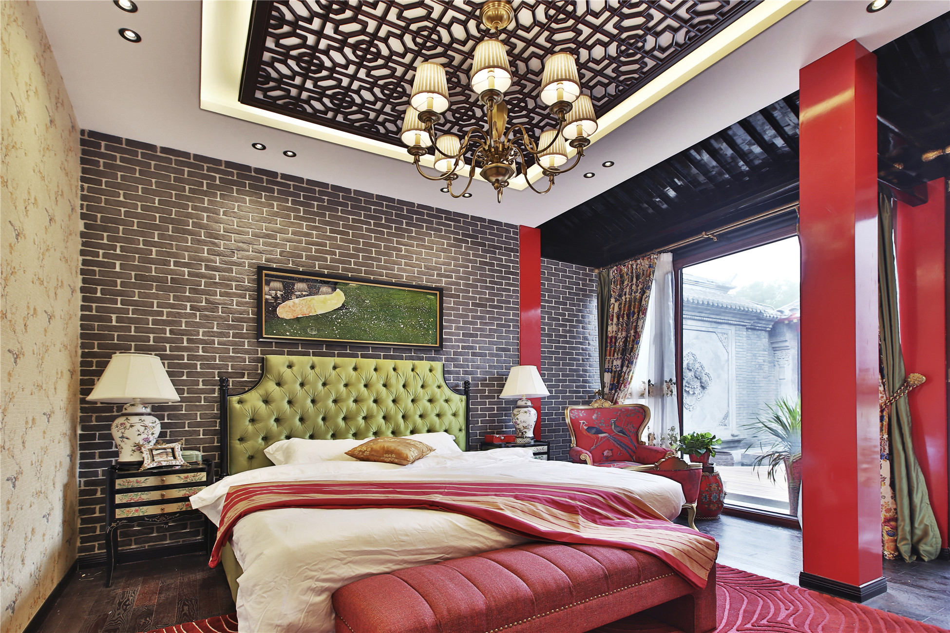 中式风格,三居室装修,20万以上装修,140平米以上装修,卧室,卧室背景墙,红色,黑白,吊顶