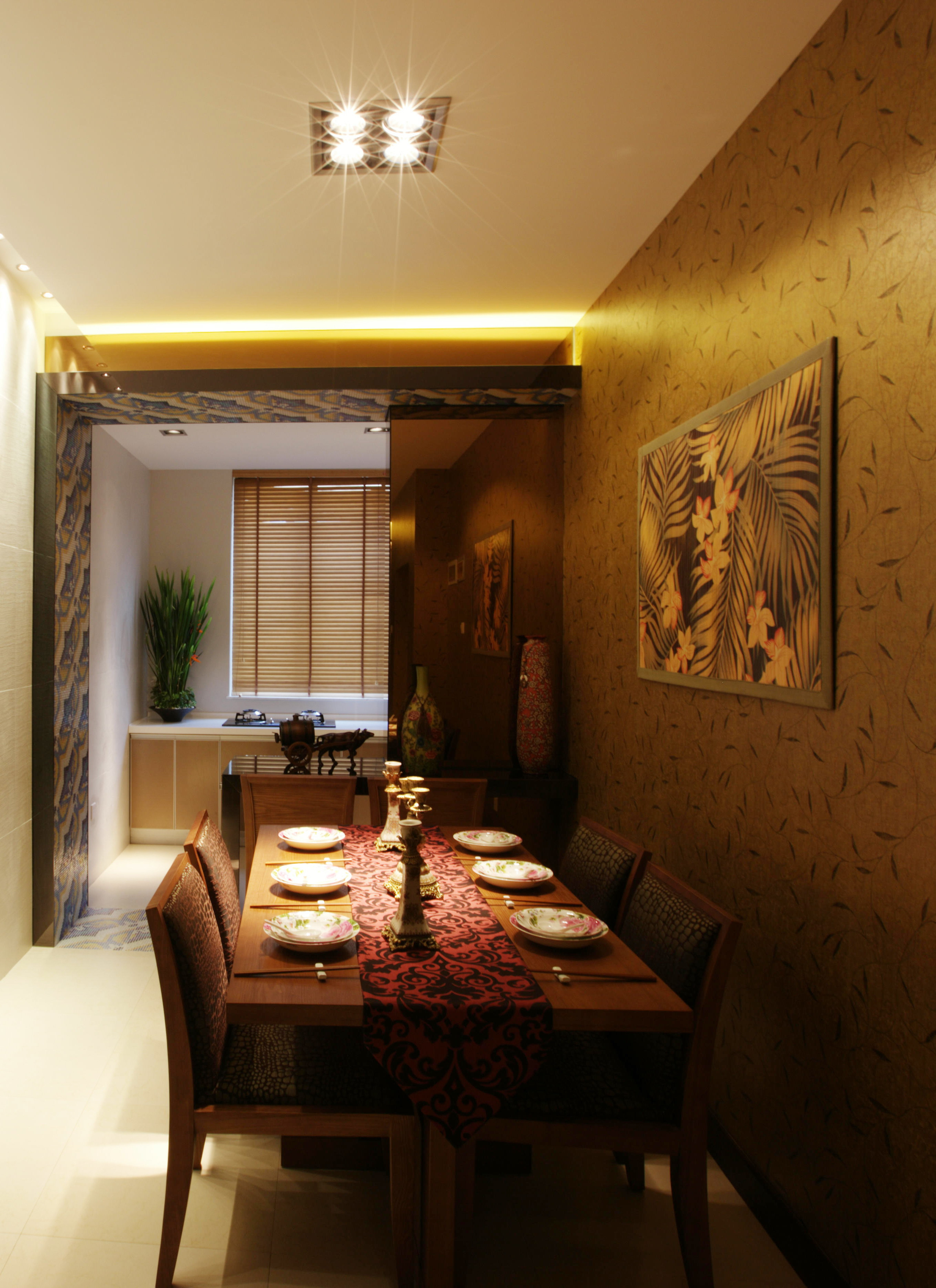 东南亚风格,二居室装修,15-20万装修,100平米装修,餐厅,餐厅背景墙,暖色调