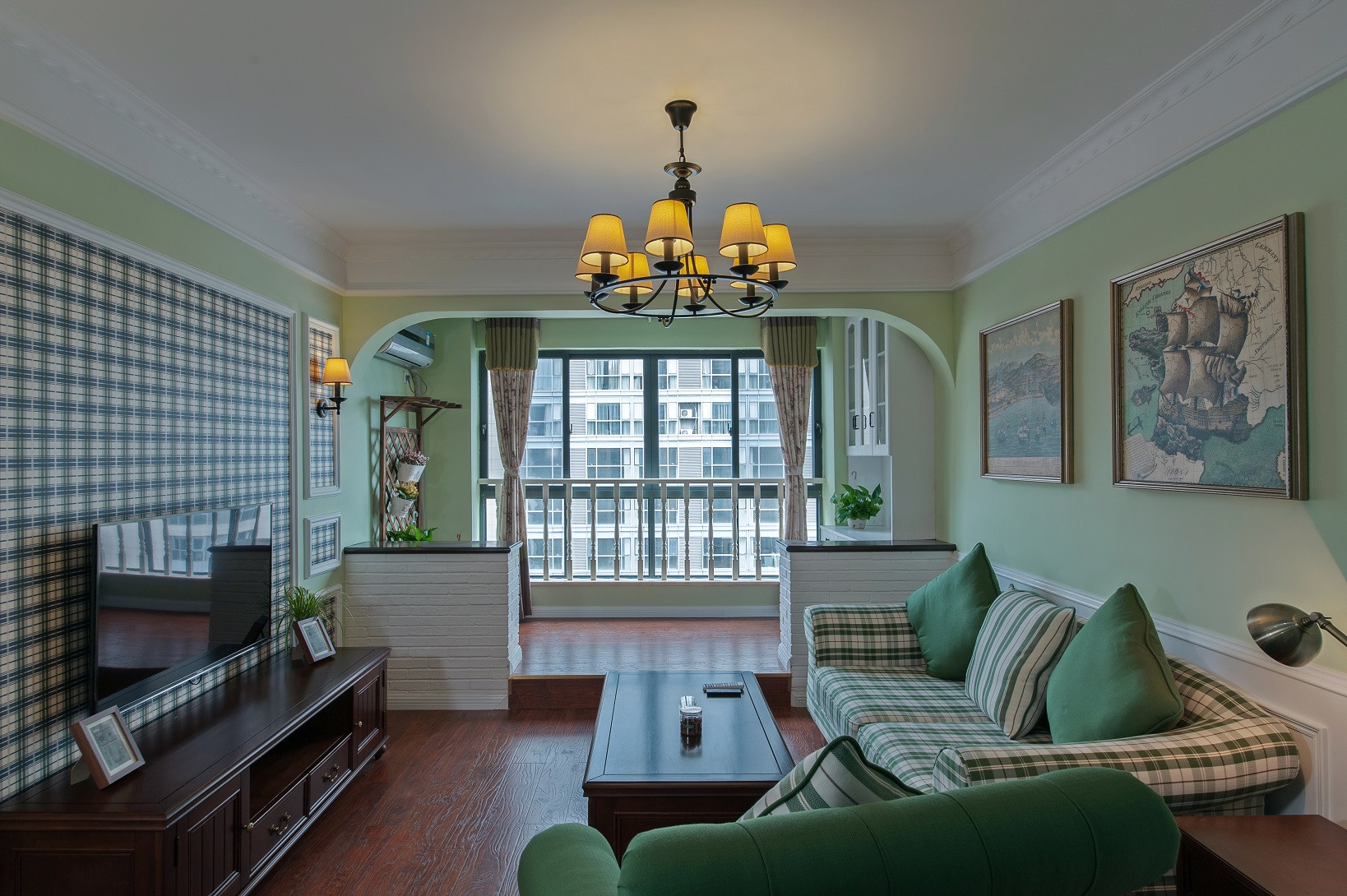 美式风格,二居室装修,90平米装修,10-15万装修,客厅,沙发背景墙,绿色