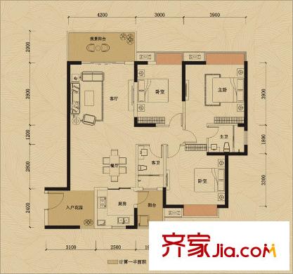 鸿润・叠韵A、B、G、H栋05户型 3室2厅2卫1厨
