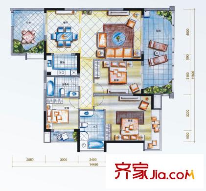 汤泉半岛户型图1、3栋户型03户型 3室2厅2卫1厨