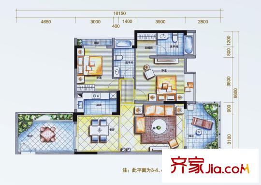 汤泉半岛户型图1、3栋C单元05户型 2室2厅2卫1厨