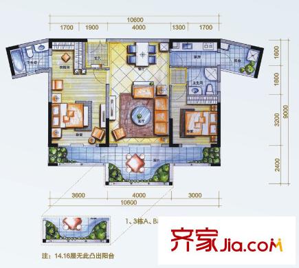 汤泉半岛户型图1、3栋AB单元02户型 2室2厅2卫1厨