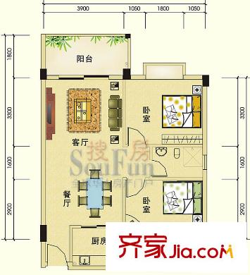 瑜进嘉园户型图精致两房 2室2厅1卫1厨