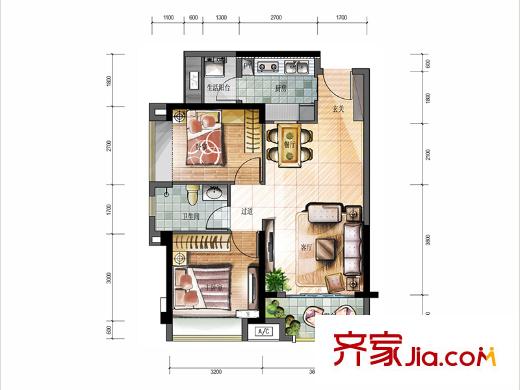 佳兆业1号1-3/5/8/10-12栋A户型 2室2厅1卫1厨