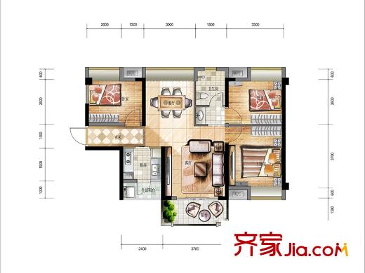佳兆业1号1-3/7/9/10栋B1户型 3室2厅1卫1厨