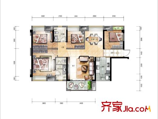 佳兆业1号1/2/10-12栋D户型 4室2厅2卫1厨