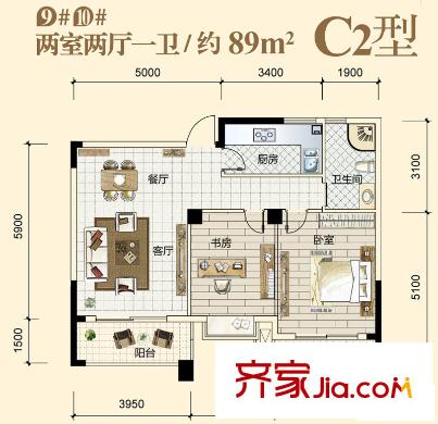 润泽大院中庆二期户型-C2 2室2厅1卫
