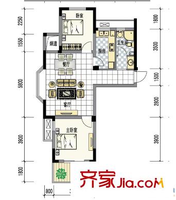 南岸花城H1户型 2室2厅1卫1厨