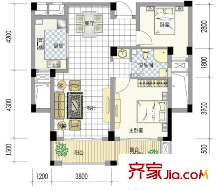 南岸花城G1户型 2室2厅2卫1厨