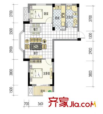 南岸花城H2户型 2室2厅1卫1厨
