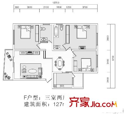 尚城国际f户型 3室2厅2卫1厨